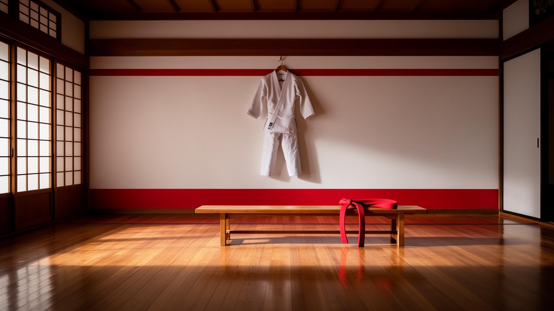 Traditional karate dojo with training equipment